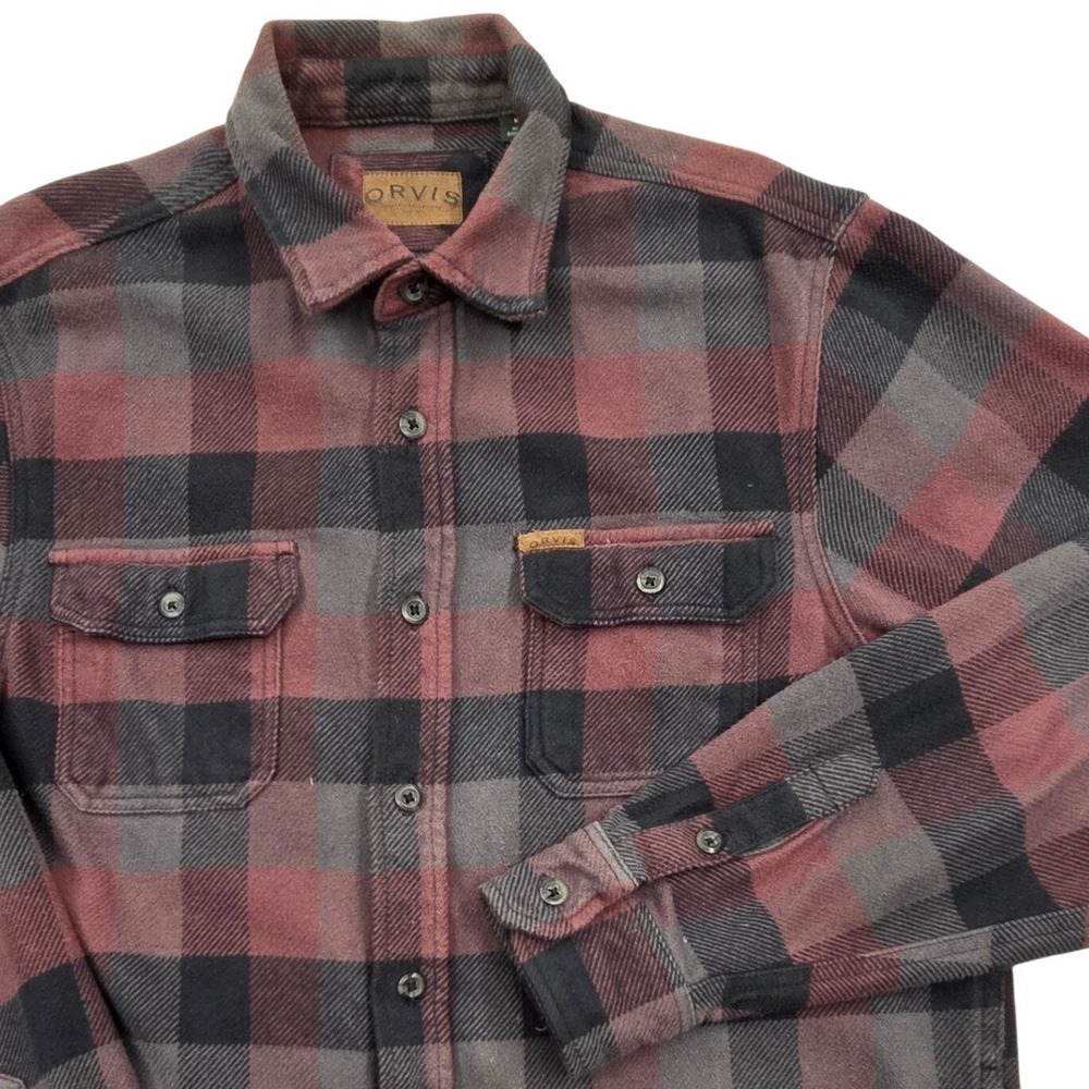 Orvis Big Bear Heavyweight Flannel Shirt Mens Medium Burgundy Buffalo Plaid
